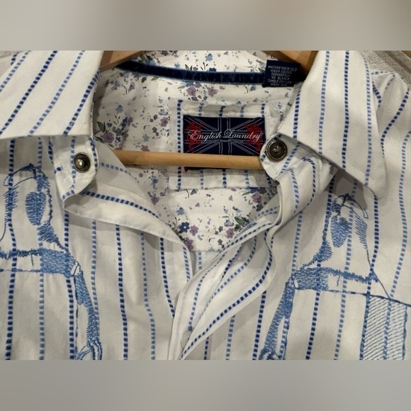 ENGLISH LAUNDRY long sleeve blue white stripe floral KNIGHTS SHIELD shirt. Large - Picture 9 of 16
